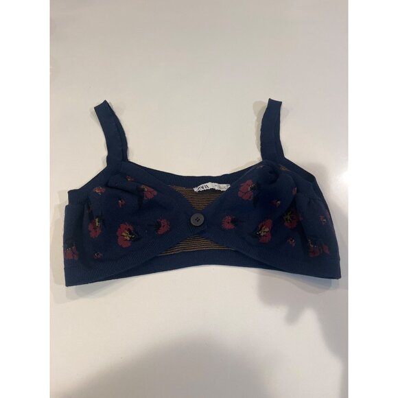 Zara Navy Blue Floral Knit Crop Top With Button Detail - Picture 7 of 8